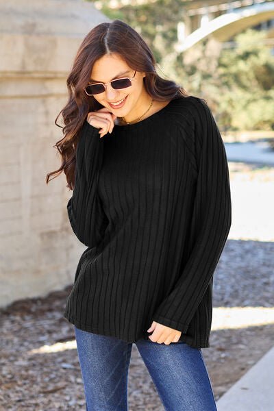 Basic Bae Full Size Ribbed Round Neck Long Sleeve Knit Top - Emmie Gray Boutique