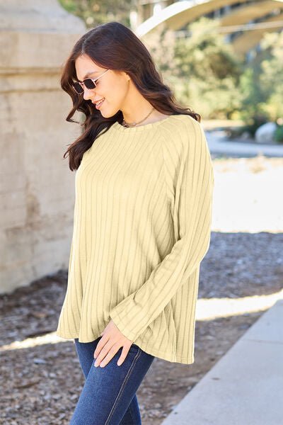 Basic Bae Full Size Ribbed Round Neck Long Sleeve Knit Top - Emmie Gray Boutique