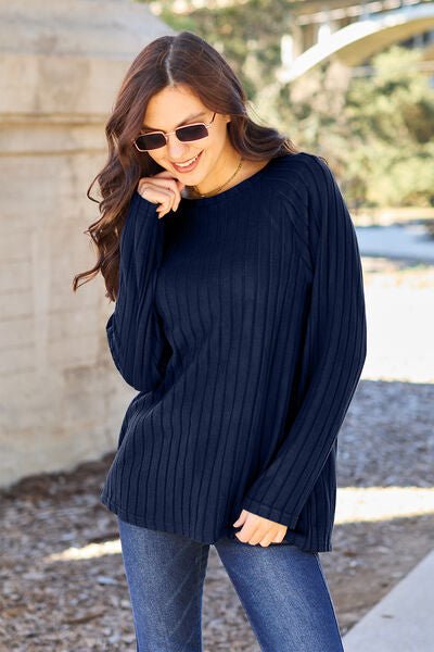 Basic Bae Full Size Ribbed Round Neck Long Sleeve Knit Top - Emmie Gray Boutique