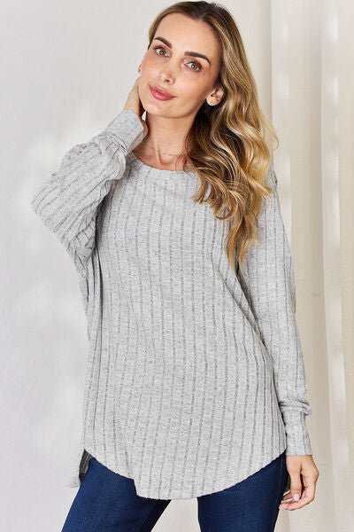 Basic Bae Full Size Ribbed Round Neck Slit T-Shirt - Emmie Gray Boutique