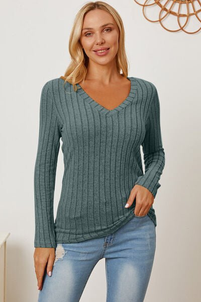 Basic Bae Full Size Ribbed V-Neck Long Sleeve T-Shirt - Emmie Gray Boutique