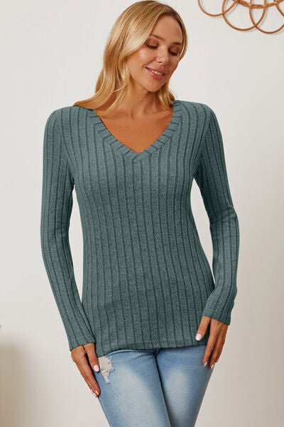 Basic Bae Full Size Ribbed V-Neck Long Sleeve T-Shirt - Emmie Gray Boutique