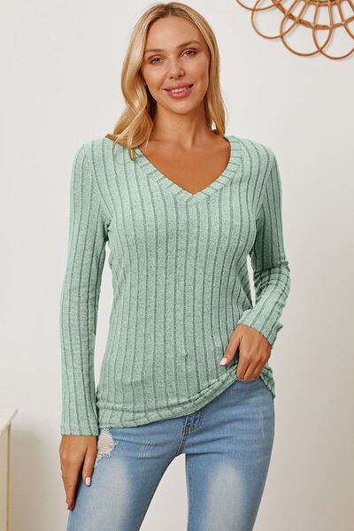 Basic Bae Full Size Ribbed V-Neck Long Sleeve T-Shirt - Emmie Gray Boutique