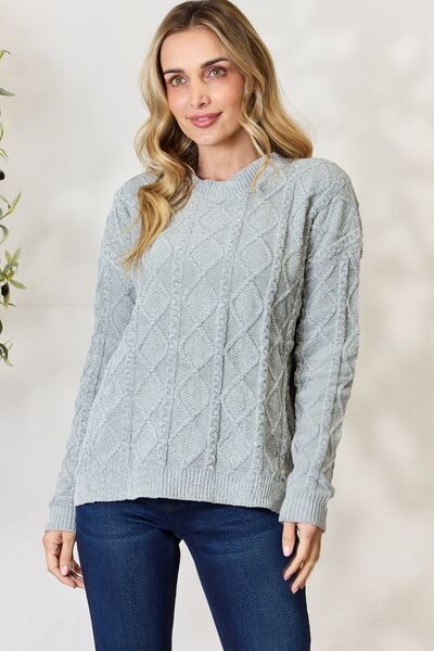 BiBi Cable Knit Round Neck Sweater - Emmie Gray Boutique