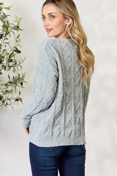 BiBi Cable Knit Round Neck Sweater - Emmie Gray Boutique