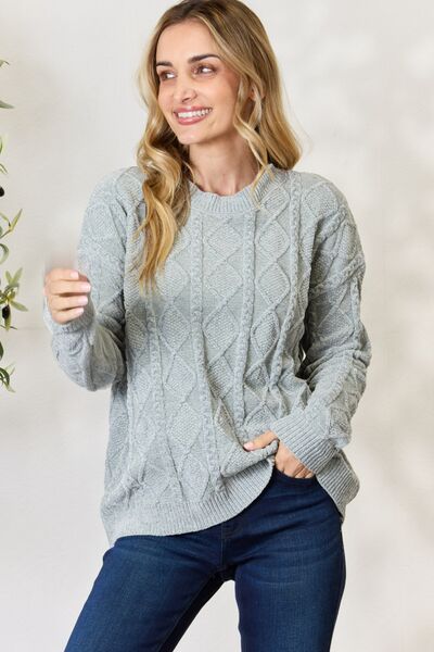 BiBi Cable Knit Round Neck Sweater - Emmie Gray Boutique