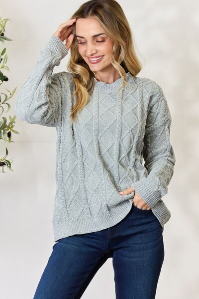 BiBi Cable Knit Round Neck Sweater - Emmie Gray Boutique