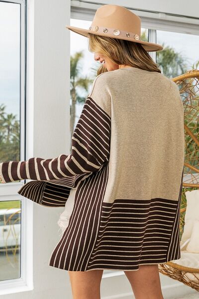 BiBi Striped Contrast Long Sleeve Slit Top - Emmie Gray Boutique