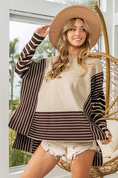 BiBi Striped Contrast Long Sleeve Slit Top - Emmie Gray Boutique