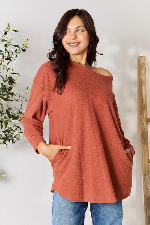 BOMBOM Drop Shoulder Long Sleeve Blouse with Pockets - Emmie Gray Boutique