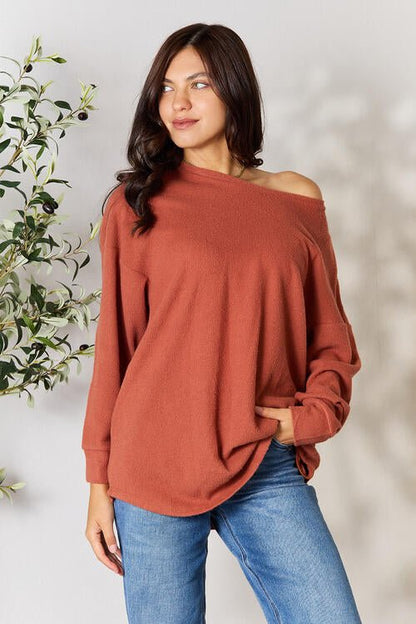 BOMBOM Drop Shoulder Long Sleeve Blouse with Pockets - Emmie Gray Boutique