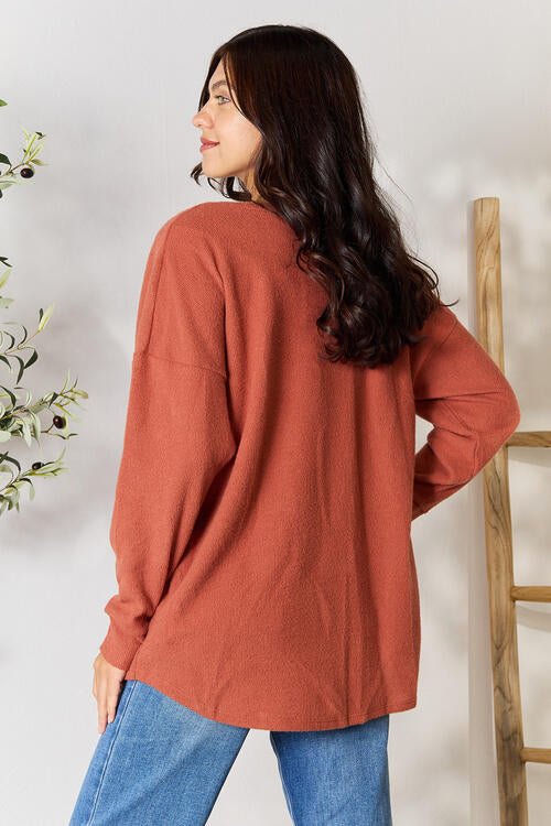 BOMBOM Drop Shoulder Long Sleeve Blouse with Pockets - Emmie Gray Boutique