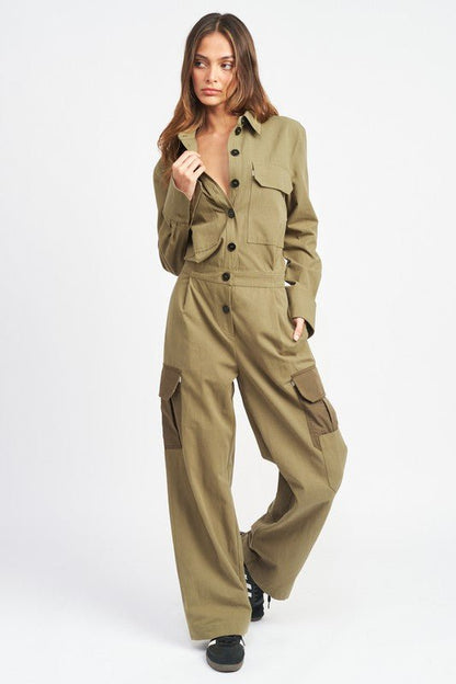 Botton Down Cargo Jumpsuit - Emmie Gray Boutique