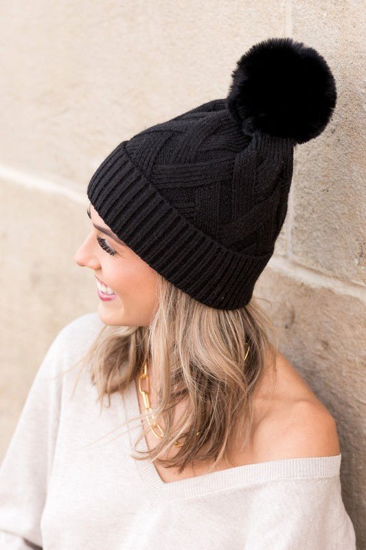 Chunky Knit Fur Pom Beanie - Emmie Gray Boutique