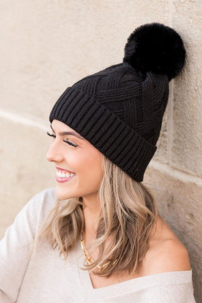 Chunky Knit Fur Pom Beanie - Emmie Gray Boutique