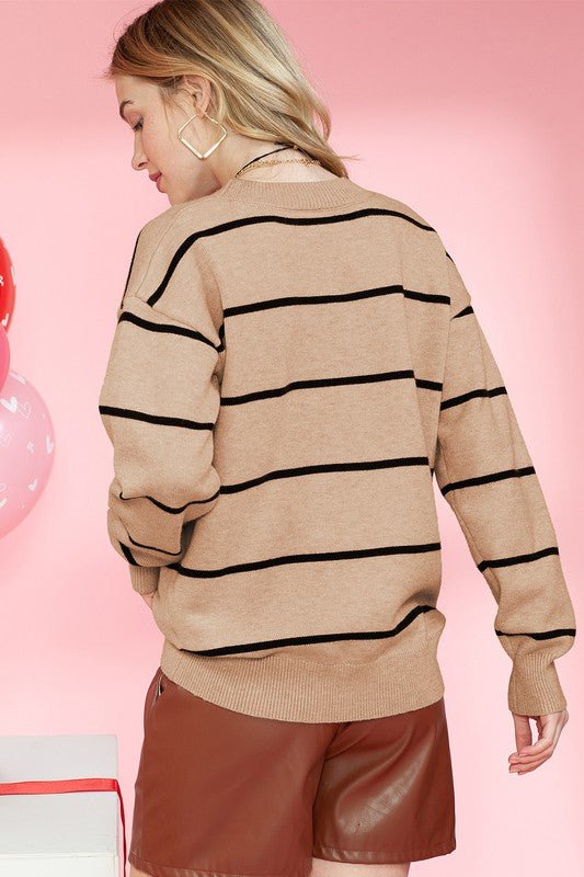 COCO beige brown stripe drop shoulder pull over - Emmie Gray Boutique