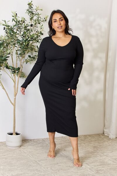 Culture Code Full Size Ribbed Long Sleeve Midi Slit Dress - Emmie Gray Boutique