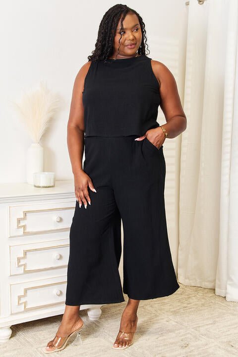 Double Take Buttoned Round Neck Tank and Wide Leg Pants Set - Emmie Gray Boutique