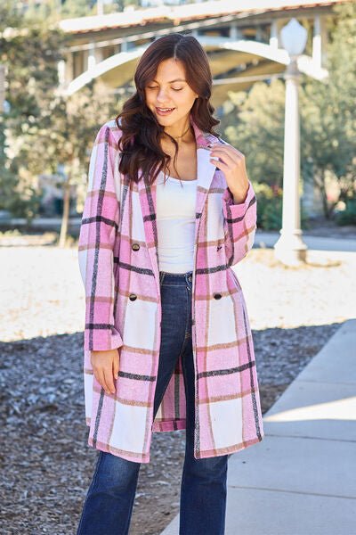 Double Take Full Size Plaid Button Up Lapel Collar Coat - Emmie Gray Boutique