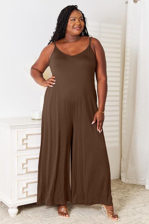 Double Take Full Size Soft Rayon Spaghetti Strap Tied Wide Leg Jumpsuit - Emmie Gray Boutique