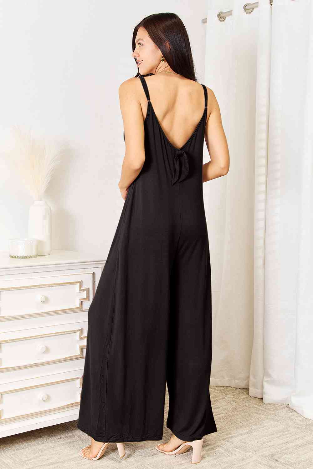 Double Take Full Size Soft Rayon Spaghetti Strap Tied Wide Leg Jumpsuit - Emmie Gray Boutique