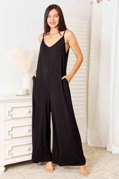 Double Take Full Size Soft Rayon Spaghetti Strap Tied Wide Leg Jumpsuit - Emmie Gray Boutique