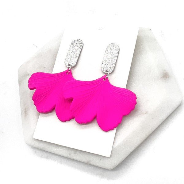 Hot Pink Ginkgo Leaf Acrylic Earrings Valentines - Emmie Gray Boutique