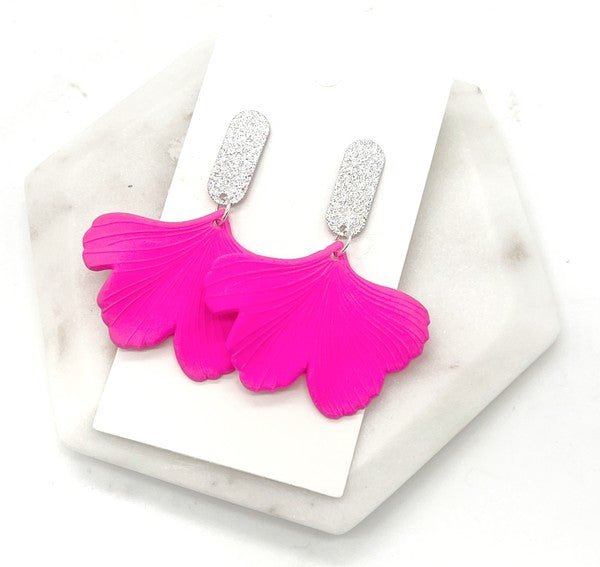 Hot Pink Ginkgo Leaf Acrylic Earrings Valentines - Emmie Gray Boutique