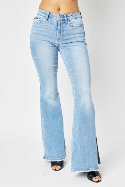 Judy Blue Full Size Mid Rise Raw Hem Slit Flare Jeans - Emmie Gray Boutique