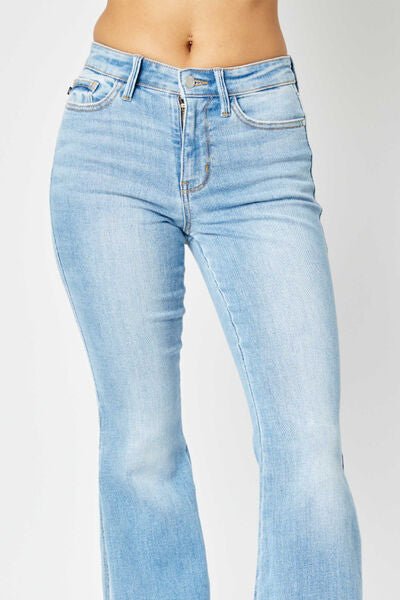 Judy Blue Full Size Mid Rise Raw Hem Slit Flare Jeans - Emmie Gray Boutique