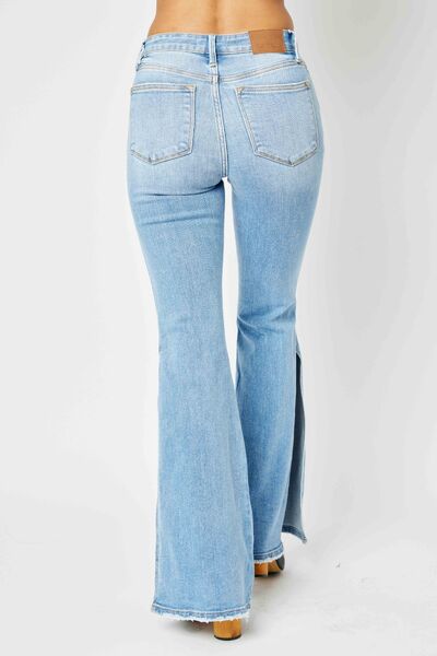 Judy Blue Full Size Mid Rise Raw Hem Slit Flare Jeans - Emmie Gray Boutique