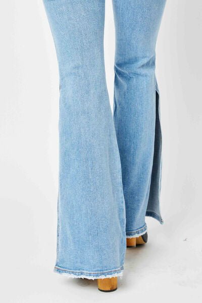 Judy Blue Full Size Mid Rise Raw Hem Slit Flare Jeans - Emmie Gray Boutique